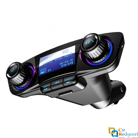 Transmitator multifunctional auto CarFM-BT06, Bluetooth 5.0+EDR, MP3 Player cu dublu USB, MicroSD, microfon incorporat, Suport disc TF/64GB- USB/128GB, ecran 1.3