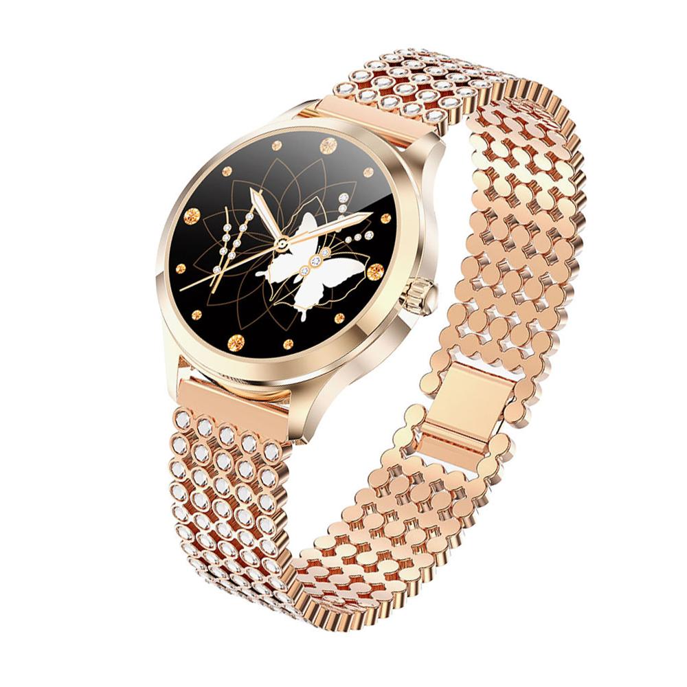 Ceas smartwatch LW07, pentru femei, display 1.1 inch, multisport, ritm cardiac, nivel oxigen, ovulatie, rezistent la apa IP68, notificari, vibratii, bratara metalica, auriu
