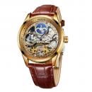Ceas barbatesc SKROX golden, Skeleton, Moon Phase, mecanism automatic, curea din piele ecologica, stil Fashion, tourbillon