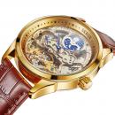 Ceas barbatesc SKROX golden, Skeleton, Moon Phase, mecanism automatic, curea din piele ecologica, stil Fashion, tourbillon