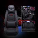 Set huse scaune auto, universale, editie de lux, material piele ecologica, scaune fata, spate, tetiere, volan, perna lombara, perna pentru cap, culoare negru cu linii rosii, 16 piese