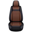 Set huse scaune auto, universale, editie de lux, material piele ecologica, scaune fata, spate, volan, tetiere, perna lombara, perna pentru cap, culoare negru cu maro, 16 piese