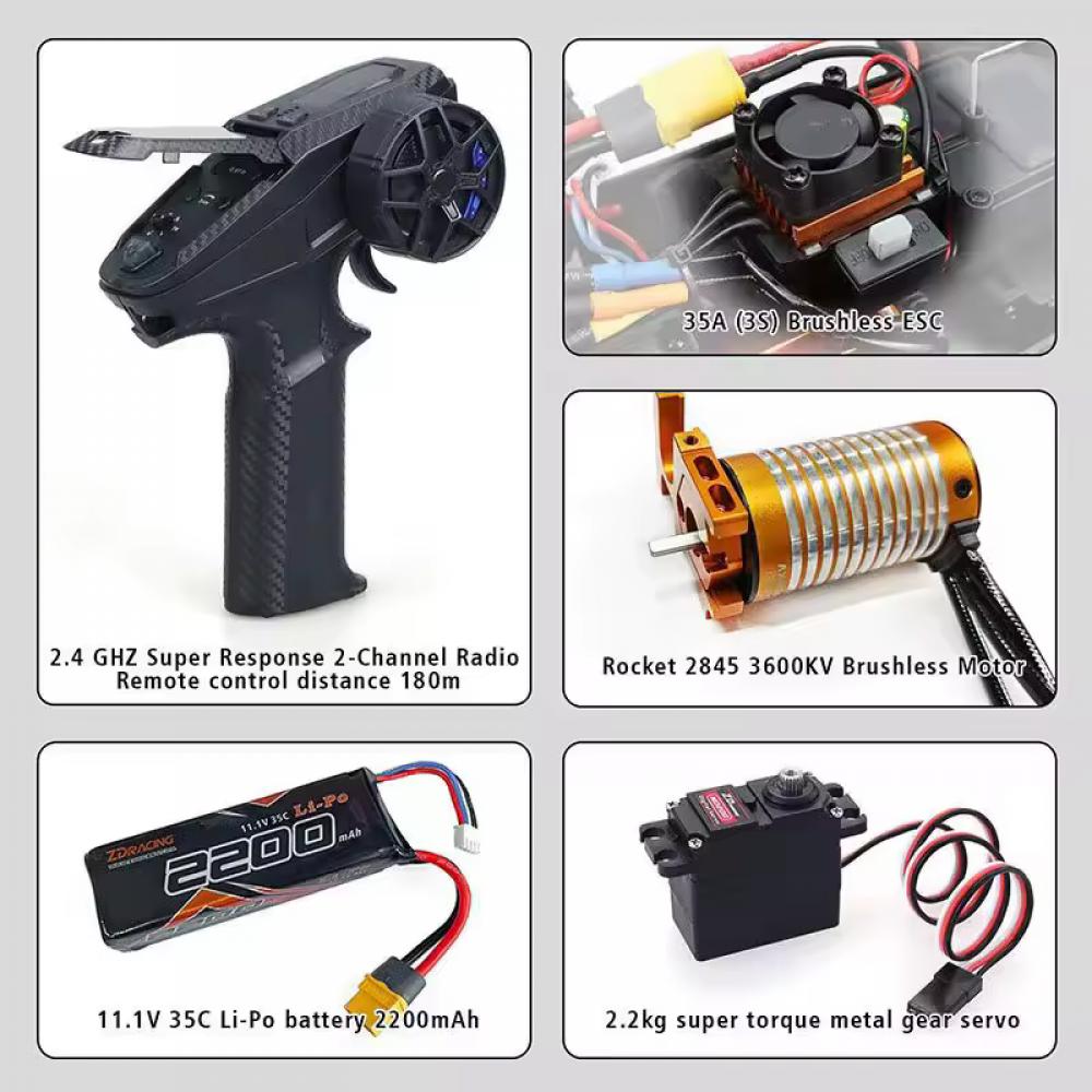 Masina cu telecomanda, ZD Racing MT-16 4WD, scara 1:16, 2.4G, viteza maxima 80km/h+, acumulator 3S 35C 2200mAh LiPo, motor Rocket 2845 fara perii 3600KV, autonomie 10-15 min, negru - imagine 2