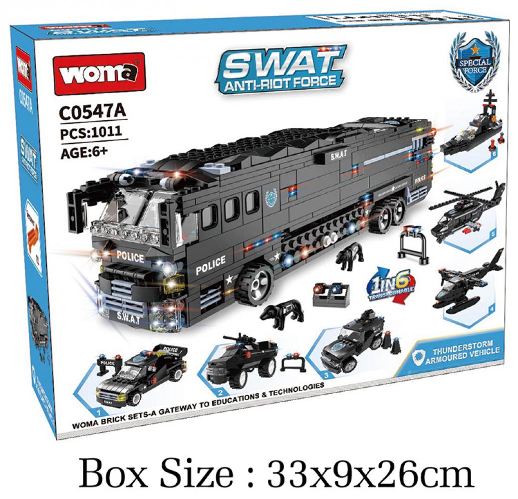 Set de constructie tip Lego Woma® - 1014 Piese, SWAT 6 in 1 cu Autobuz Militar si Vehicule de Politie - imagine 2