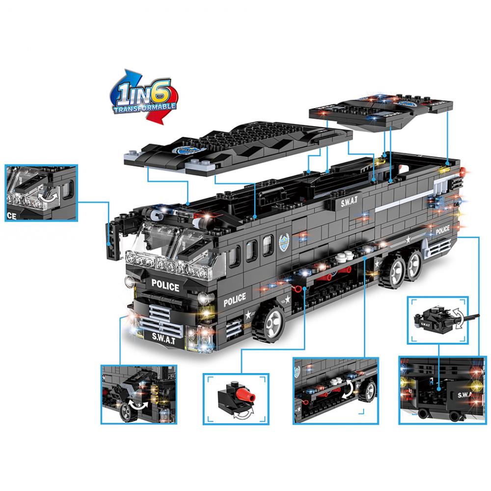 Set de constructie tip Lego Woma® - 1014 Piese, SWAT 6 in 1 cu Autobuz Militar si Vehicule de Politie - imagine 4