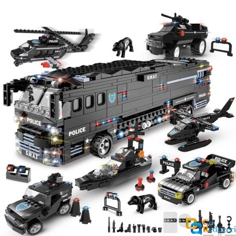 Set de constructie lego Woma® – SWAT 6 in 1, 1.011 Piese, Autobuz SWAT, Politie, Vehicule de Interventie 