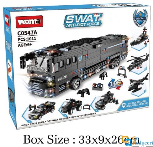 Set de constructie lego Woma® – SWAT 6 in 1, 1.011 Piese, Autobuz SWAT, Politie, Vehicule de Interventie 