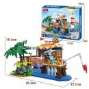Set de constructie tip Lego Woma® - 603 Piese, Go Fishing - Barca de Pescuit, Elemente Natura si Accesorii, Tematica Pescuit
