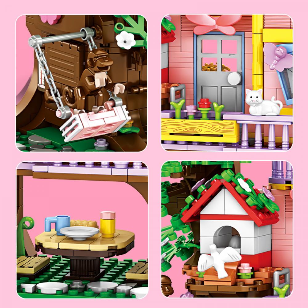 Set de constructie tip Lego Woma® - 840 Piese, Orasul viselor - Casuta in Copac cu Leagan, Telescop si Masa - imagine 3