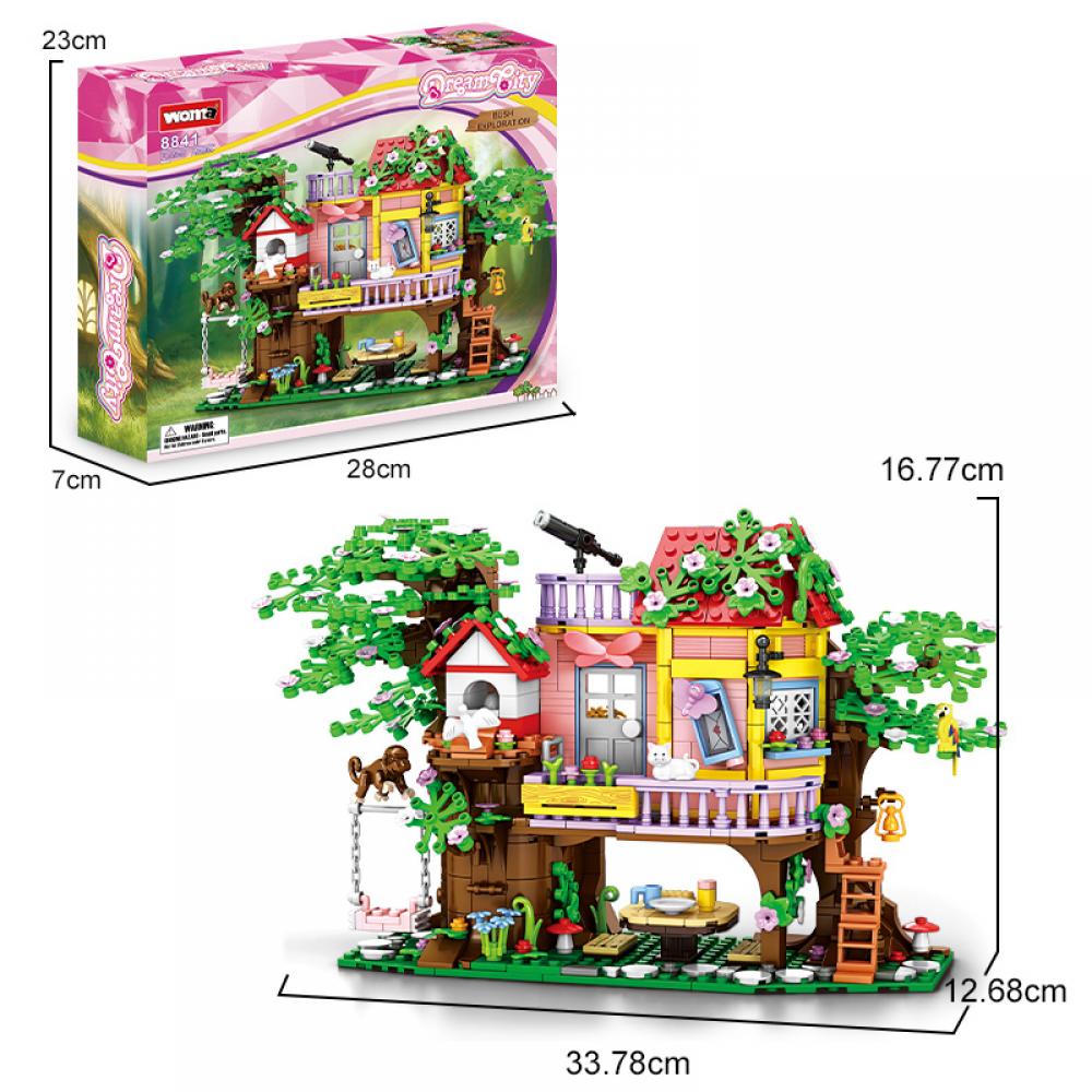 Set de constructie tip Lego Woma® - 840 Piese, Orasul viselor - Casuta in Copac cu Leagan, Telescop si Masa - imagine 4