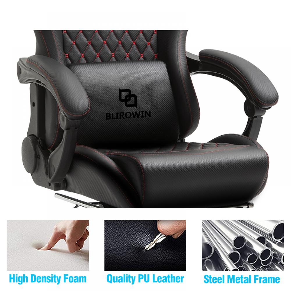 Scaun ergonomic premium de birou sau gaming, Blirowin®,  suport lombar reglabil cu masaj, spuma cu memorie, sezut cu revenire rapida, suport picioare extensibil, piele PU, negru - imagine 2