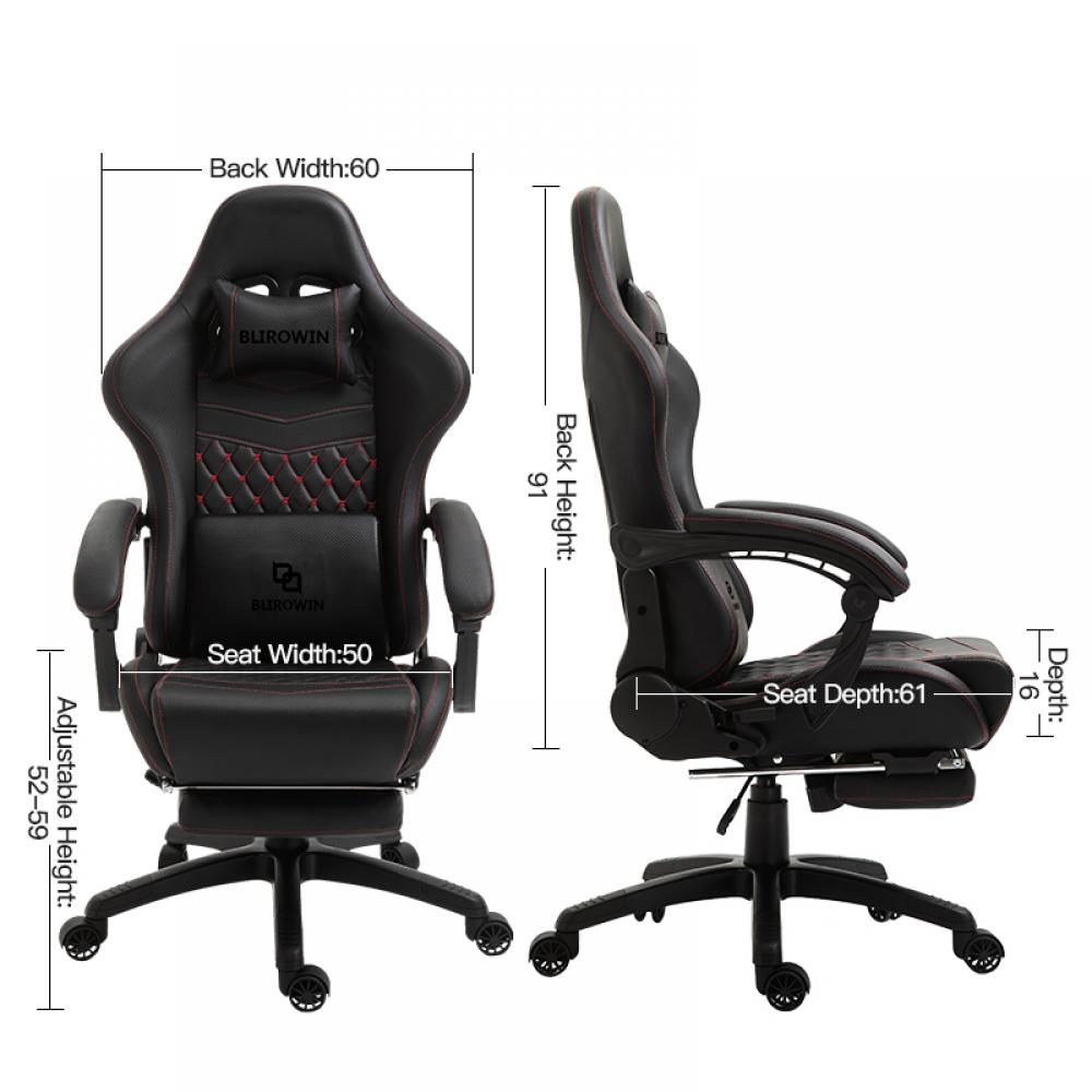 Scaun ergonomic premium de birou sau gaming, Blirowin®,  suport lombar reglabil cu masaj, spuma cu memorie, sezut cu revenire rapida, suport picioare extensibil, piele PU, negru - imagine 4