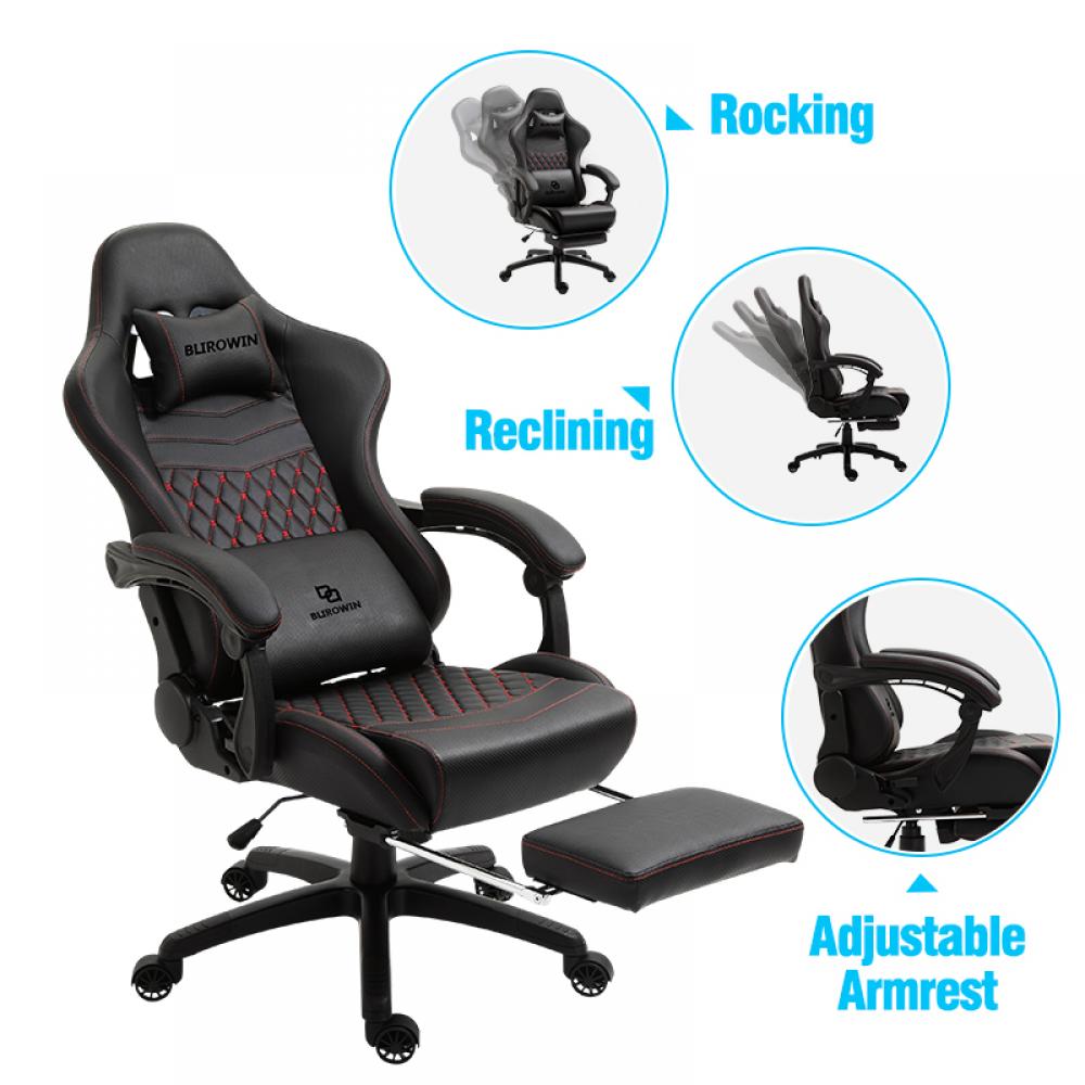 Scaun ergonomic premium de birou sau gaming, Blirowin®,  suport lombar reglabil cu masaj, spuma cu memorie, sezut cu revenire rapida, suport picioare extensibil, piele PU, negru - imagine 5