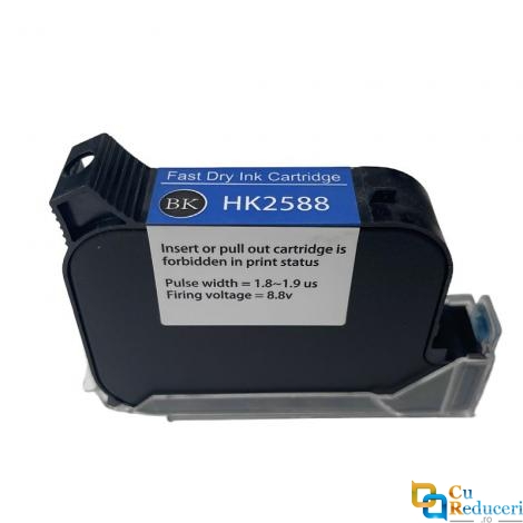 Cartus inkjet pentru imprimanta de mana portabila tip pistol, cu uscare rapida, negru lucios, potrivit pentru suprafete multiple, pentru coduri de bara, logo, date expirare, dimensiune imprimare 2-25.4 mm