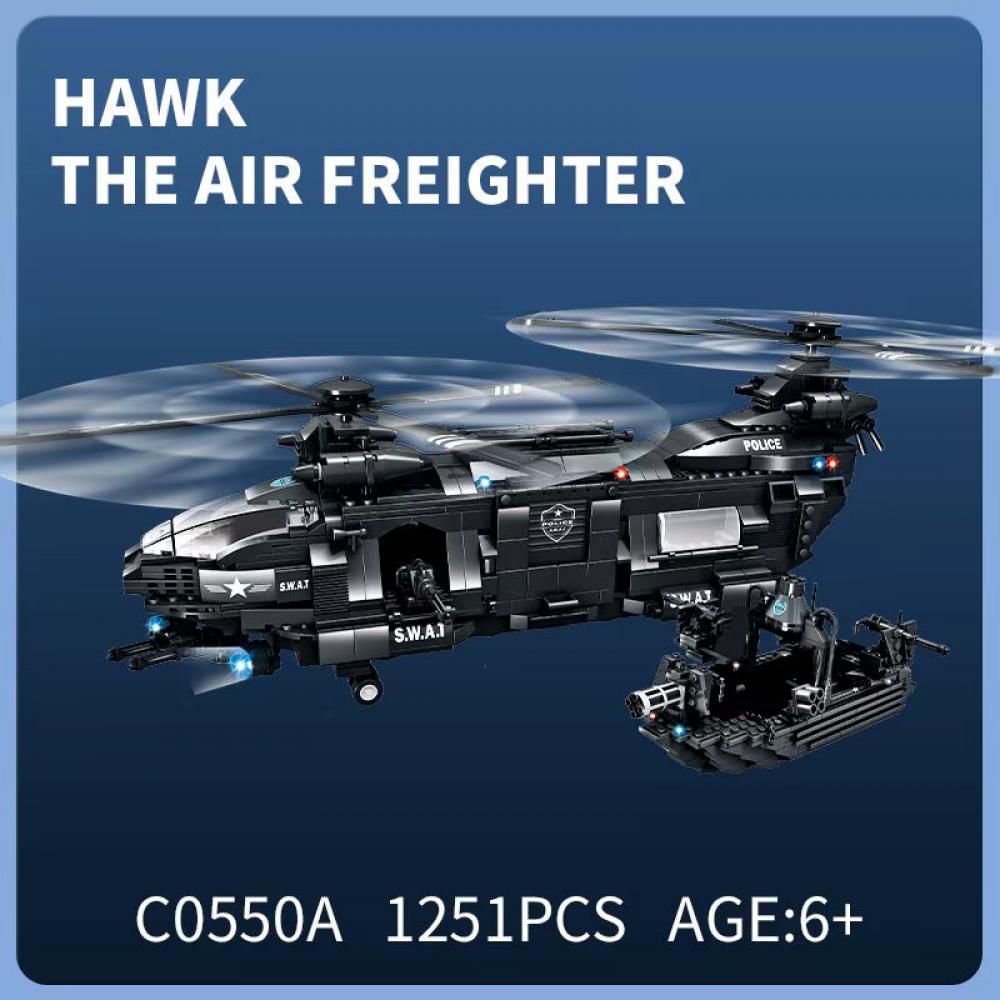 Set de constructie tip Lego Woma® C0550A – 1251 piese, Elicopter SWAT Hawk + Barca, EC-SWAT Transport Aerian Marfa - imagine 3