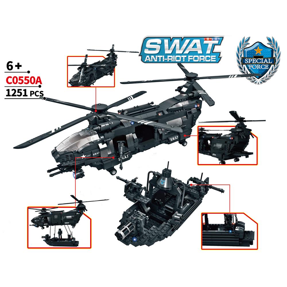 Set de constructie tip Lego Woma® C0550A – 1251 piese, Elicopter SWAT Hawk + Barca, EC-SWAT Transport Aerian Marfa - imagine 4