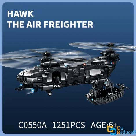 Set de constructie tip Lego Woma® C0550A – 1251 piese, Elicopter SWAT Hawk + Barca, EC-SWAT Transport Aerian Marfa