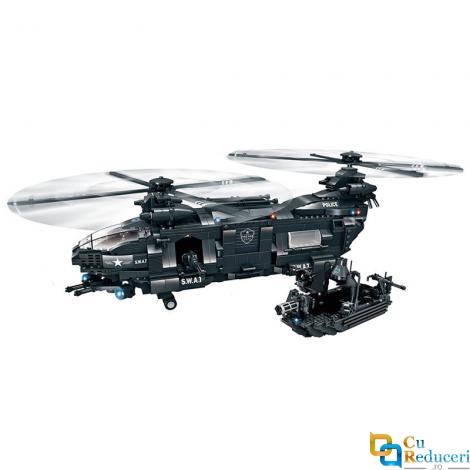Set de constructie tip Lego Woma® C0550A – 1251 piese, Elicopter SWAT Hawk + Barca, EC-SWAT Transport Aerian Marfa