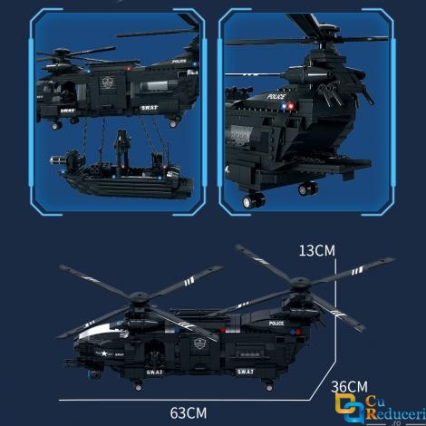 Set de constructie tip Lego Woma® C0550A – 1251 piese, Elicopter SWAT Hawk + Barca, EC-SWAT Transport Aerian Marfa