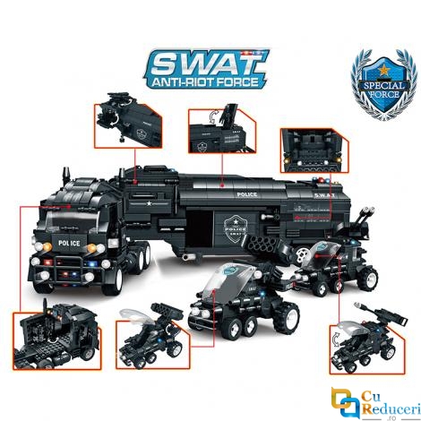 Set de constructie tip Lego Woma® EC-SWAT Defender - 1413 Piese, Vehicul de Comanda Operational, Camion SWAT