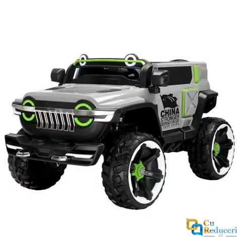 Masina electrica pentru copii, 4x4, 12V 10Ah, 2 locuri, off-road, telecomanda parinti, LED, Bluetooth, USB, Roti cauciuc EVA, scaun piele ecologica, editie premium, 140x78x86 cm, gri