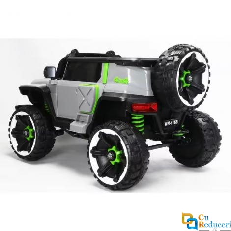 Masina electrica pentru copii, 4x4, 12V 10Ah, 2 locuri, off-road, telecomanda parinti, LED, Bluetooth, USB, Roti cauciuc EVA, scaun piele ecologica, editie premium, 140x78x86 cm, gri