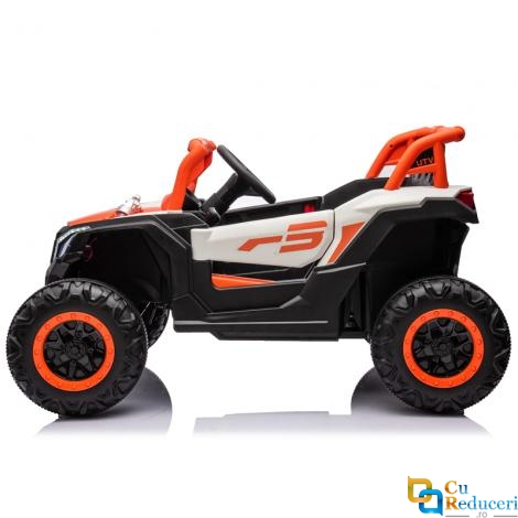 Masinuta electrica pentru copii, 4x4, 12V 7A, 2 locuri, roti EVA off-road, telecomanda parinti, LED, Bluetooth, USB, suspensii, dotari premium,  scaune piele ecologica, culoare portocaliu metalizat, 70 x 111 x 63